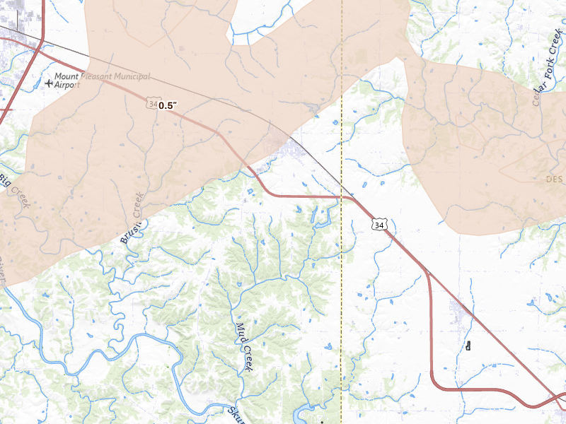 Radar-estimated hail-size map of the storm over New London, IA on Jul 3, 2026