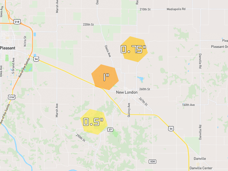Hail map of New London, IA on Jul 3, 2026, hail up to 1"