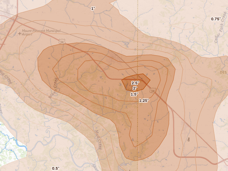 Radar-estimated hail-size map of the storm over New London, IA on Aug 12, 2026