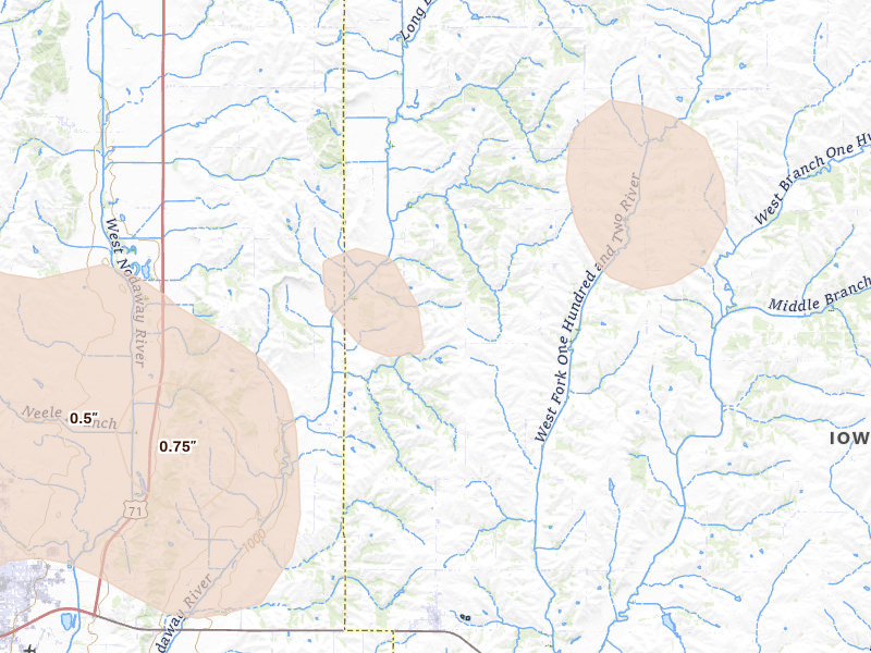 Radar-estimated hail-size map of the storm over New Market, IA on Apr 23, 2026
