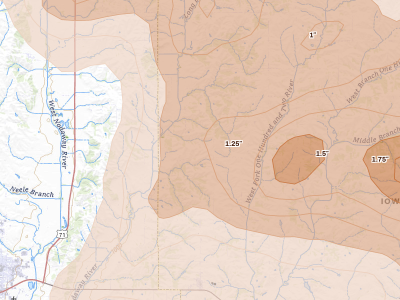 Radar-estimated hail-size map of the storm over New Market, IA on May 16, 2026