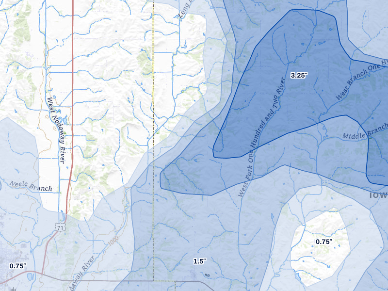 NEXRAD radar-signature map of the hail storm over New Market, IA on May 16, 2026