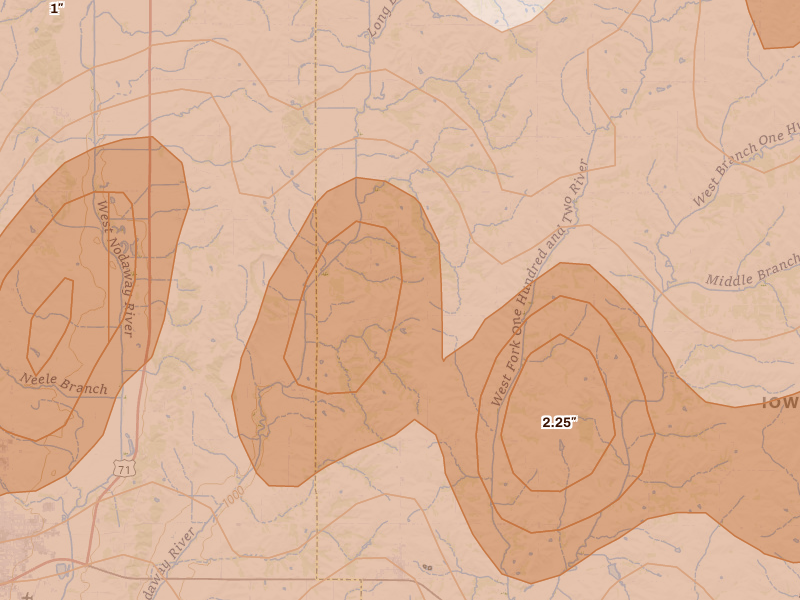 Radar-estimated hail-size map of the storm over New Market, IA on Jun 10, 2026