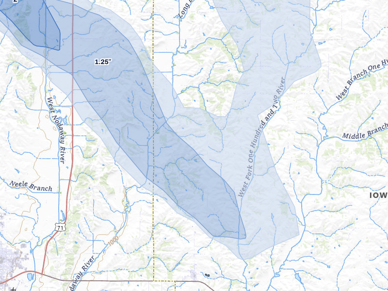 NEXRAD radar-signature map of the hail storm over New Market, IA on Jul 20, 2026