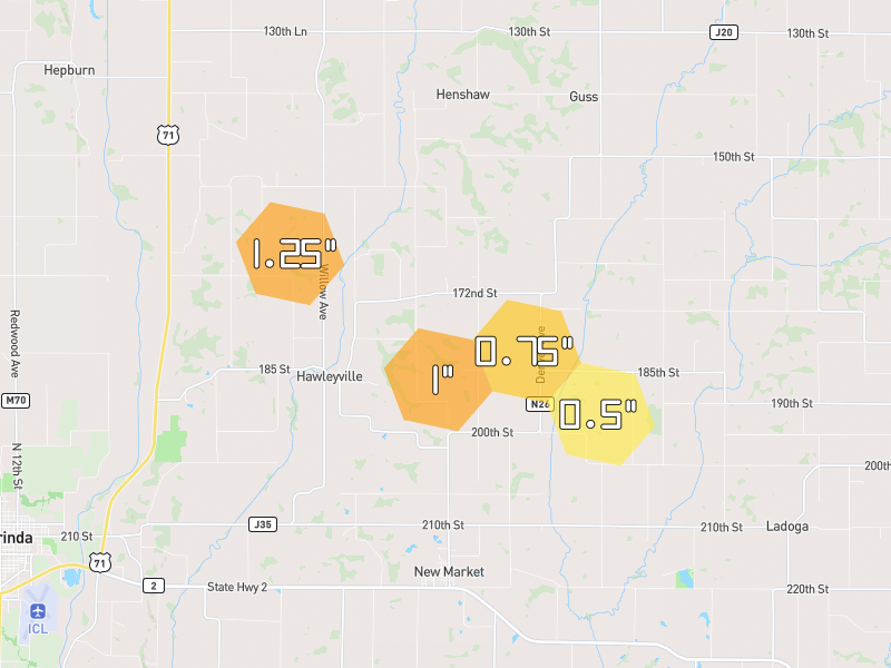 Hail map of New Market, IA on Jul 21, 2026, hail up to 1.25"
