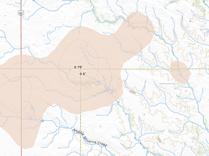 Radar-estimated hail-size map of the storm over New Providence, IA on Jun 28, 2026