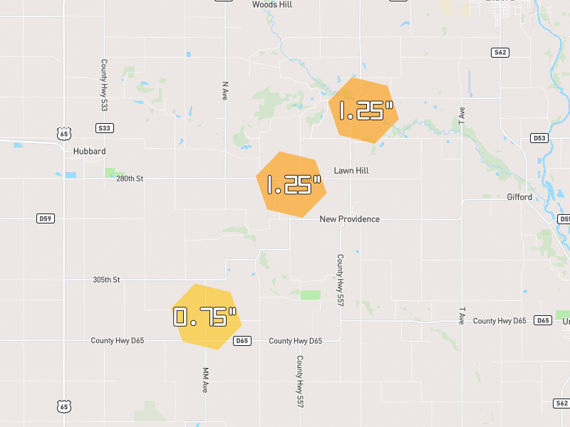 Hail map of New Providence, IA on Jul 2, 2026, hail up to 1.25"