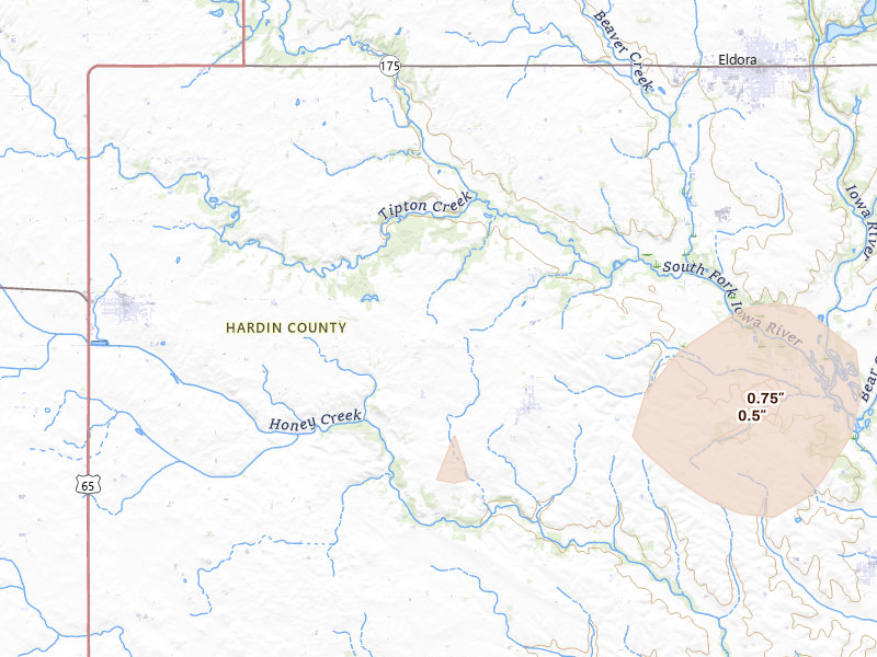 Radar-estimated hail-size map of the storm over New Providence, IA on Aug 4, 2026