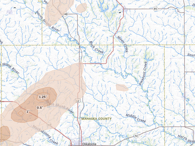 Radar-estimated hail-size map of the storm over New Sharon, IA on Apr 17, 2026