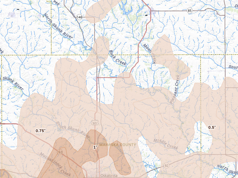 Radar-estimated hail-size map of the storm over New Sharon, IA on Jun 11, 2026