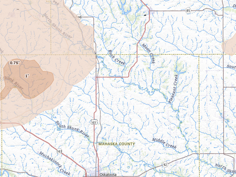 Radar-estimated hail-size map of the storm over New Sharon, IA on Jun 16, 2026
