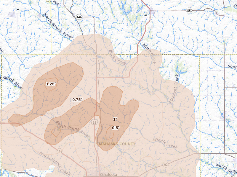 Radar-estimated hail-size map of the storm over New Sharon, IA on Jun 17, 2026