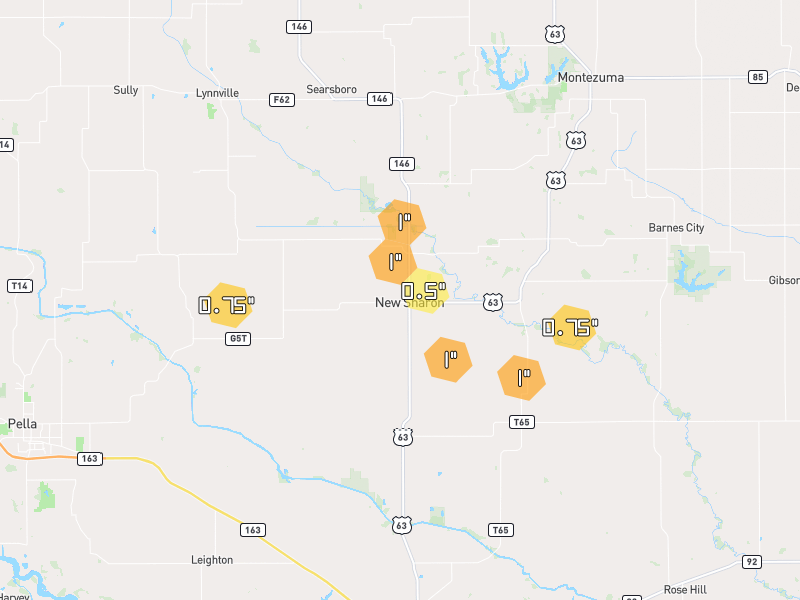 Hail map of New Sharon, IA on Jul 4, 2026, hail up to 1"