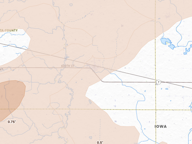 Radar-estimated hail-size map of the storm over Newell, IA on May 15, 2026