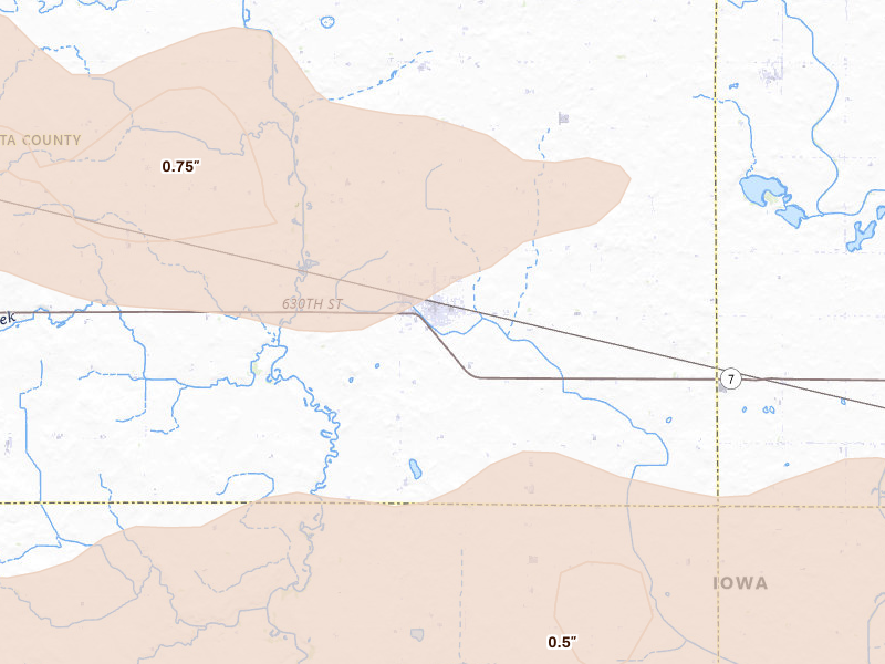 Radar-estimated hail-size map of the storm over Newell, IA on Jun 16, 2026