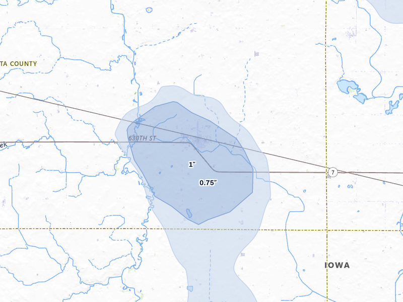 NEXRAD radar-signature map of the hail storm over Newell, IA on Jul 8, 2026