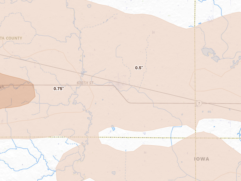 Radar-estimated hail-size map of the storm over Newell, IA on Aug 10, 2026