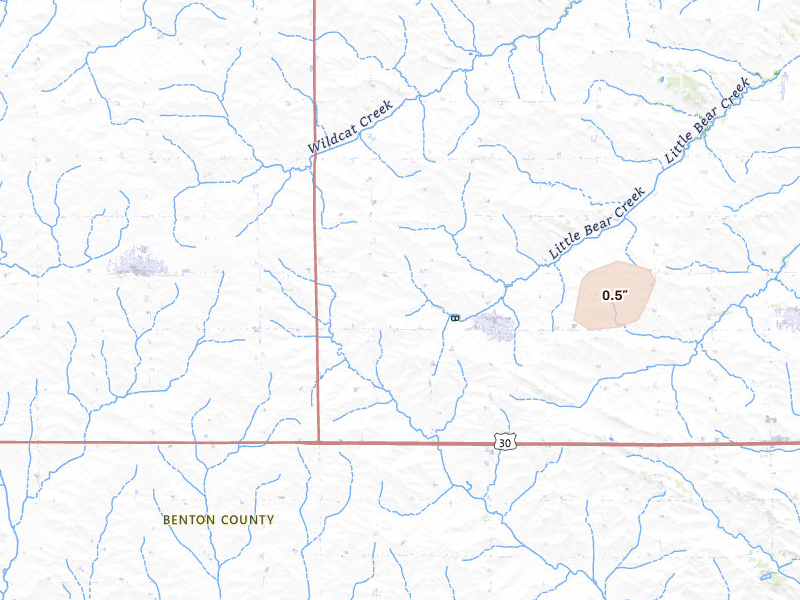 Radar-estimated hail-size map of the storm over Newhall, IA on Apr 27, 2026