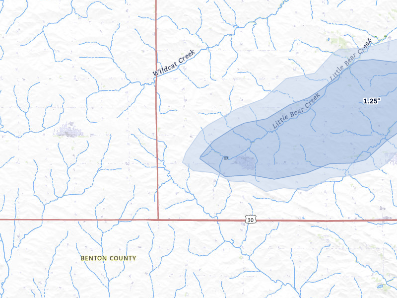 NEXRAD radar-signature map of the hail storm over Newhall, IA on Apr 27, 2026