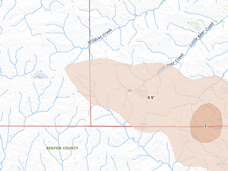 Radar-estimated hail-size map of the storm over Newhall, IA on Aug 7, 2026