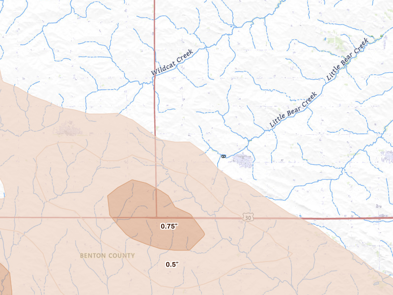 Radar-estimated hail-size map of the storm over Newhall, IA on Aug 11, 2026