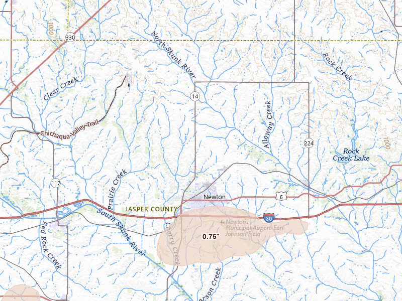 Radar-estimated hail-size map of the storm over Newton, IA on Jun 10, 2026
