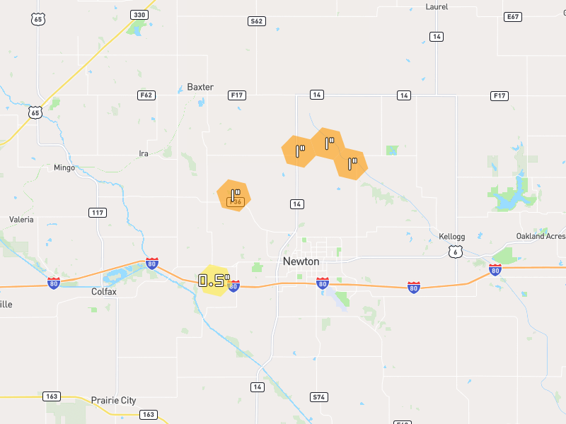 Hail map of Newton, IA on Jul 3, 2026, hail up to 1"
