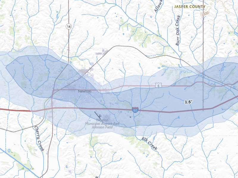 NEXRAD radar-signature map of the hail storm over Newton, IA on Aug 10, 2026