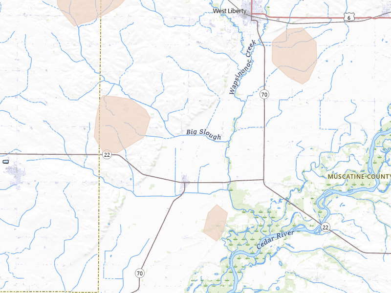 Radar-estimated hail-size map of the storm over Nichols, IA on Jun 10, 2026