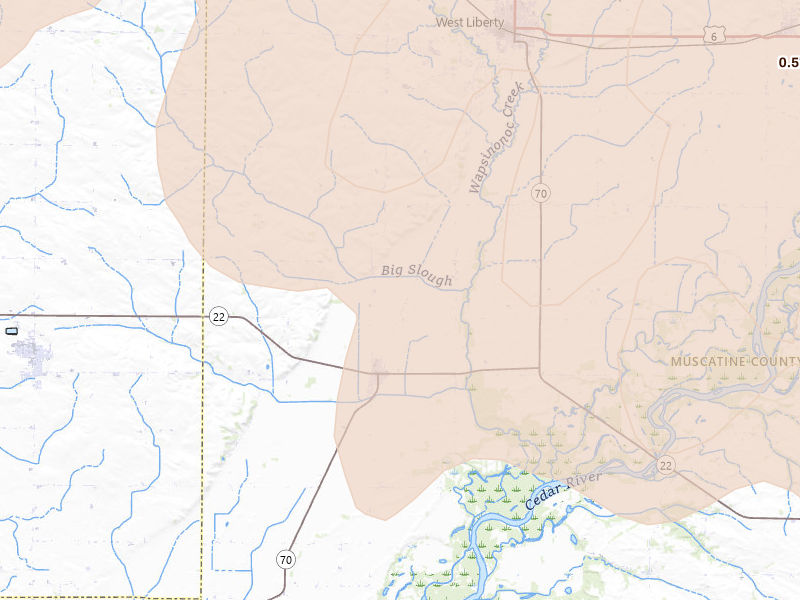 Radar-estimated hail-size map of the storm over Nichols, IA on Aug 11, 2026