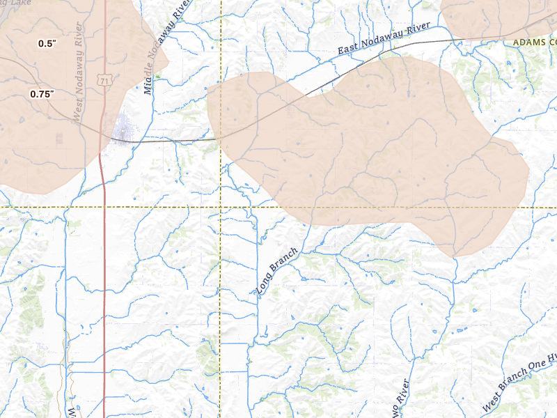 Radar-estimated hail-size map of the storm over Nodaway, IA on May 15, 2026