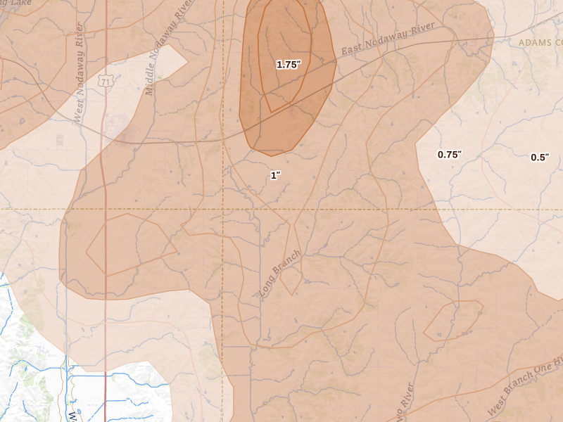 Radar-estimated hail-size map of the storm over Nodaway, IA on May 16, 2026