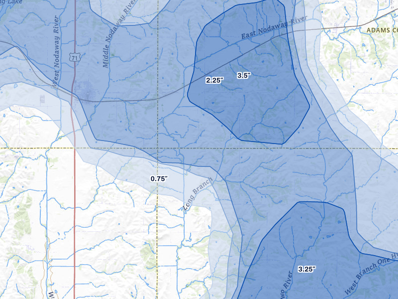 NEXRAD radar-signature map of the hail storm over Nodaway, IA on May 16, 2026
