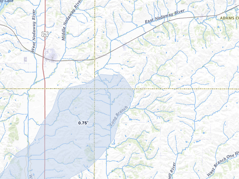 NEXRAD radar-signature map of the hail storm over Nodaway, IA on May 18, 2026