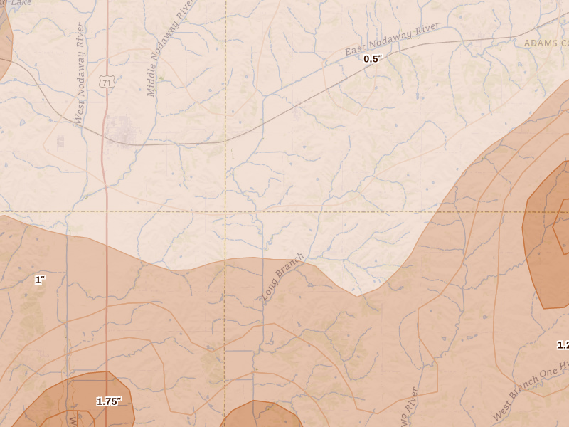 Radar-estimated hail-size map of the storm over Nodaway, IA on Jun 10, 2026