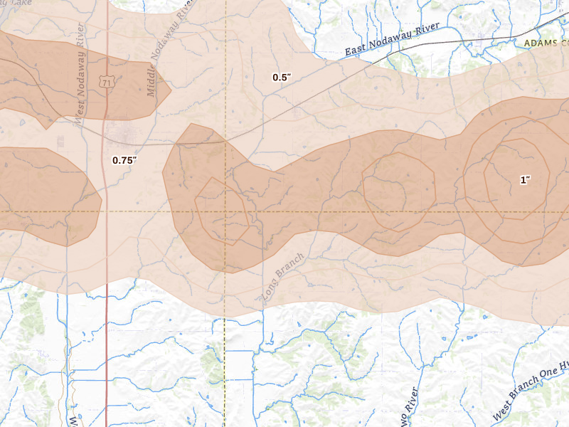 Radar-estimated hail-size map of the storm over Nodaway, IA on Aug 4, 2026
