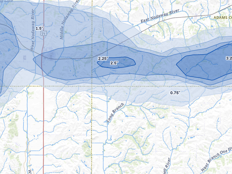 NEXRAD radar-signature map of the hail storm over Nodaway, IA on Aug 4, 2026