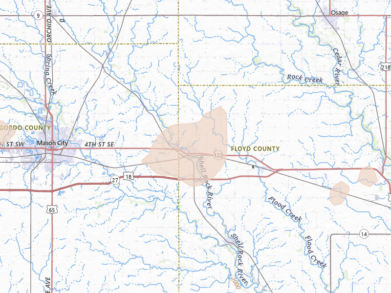 Radar-estimated hail-size map of the storm over Nora Springs, IA on Jun 28, 2026