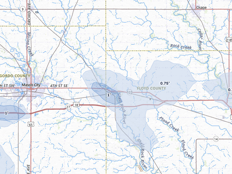 NEXRAD radar-signature map of the hail storm over Nora Springs, IA on Jun 28, 2026