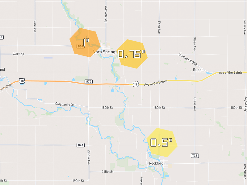 Hail map of Nora Springs, IA on Jun 28, 2026, hail up to 1"