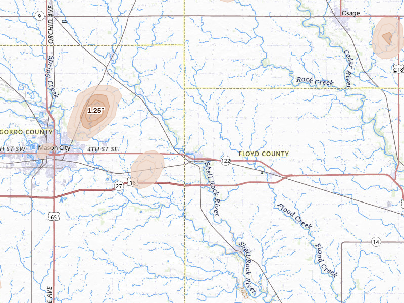 Radar-estimated hail-size map of the storm over Nora Springs, IA on Jul 1, 2026