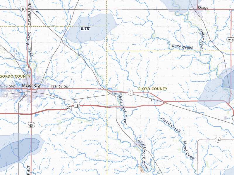 NEXRAD radar-signature map of the hail storm over Nora Springs, IA on Jul 1, 2026