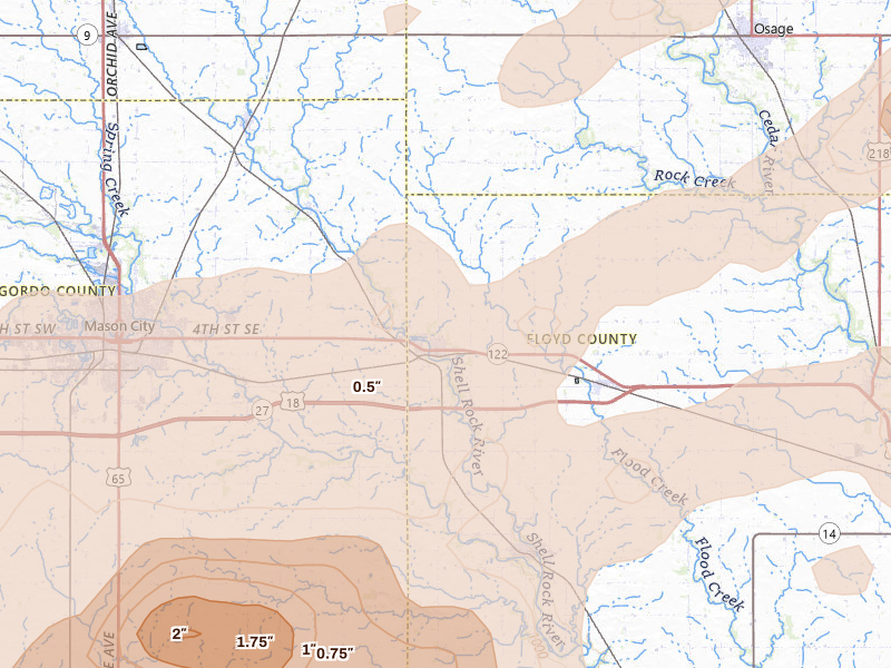 Radar-estimated hail-size map of the storm over Nora Springs, IA on Jul 2, 2026