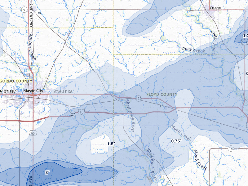 NEXRAD radar-signature map of the hail over Nora Springs, IA