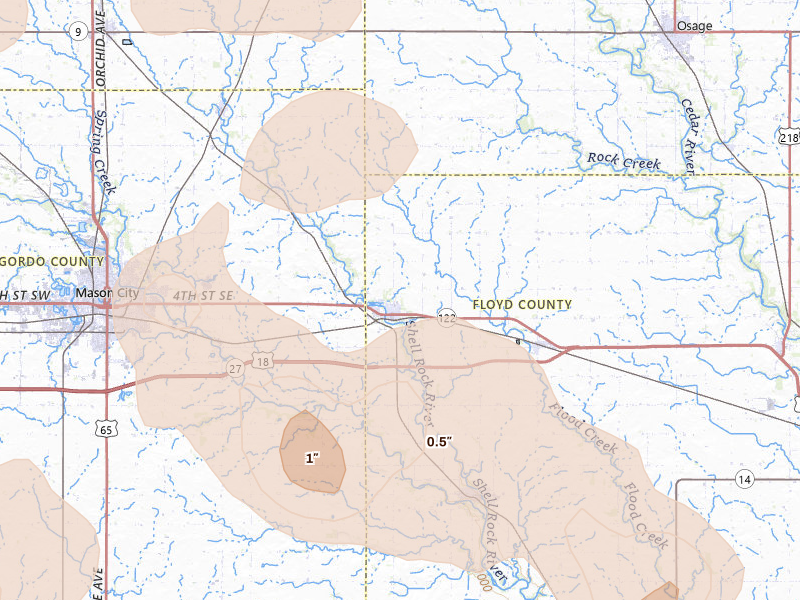 Radar-estimated hail-size map of the storm over Nora Springs, IA on Jul 8, 2026