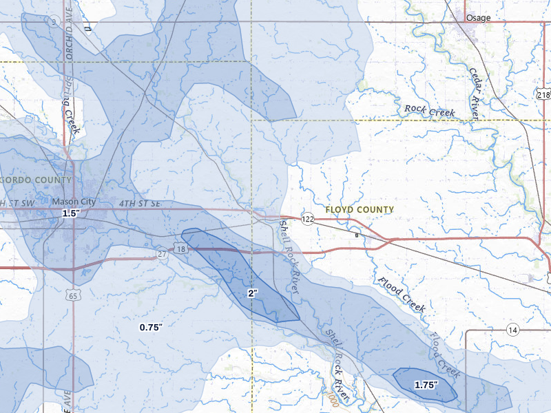 NEXRAD radar-signature map of the hail storm over Nora Springs, IA on Jul 8, 2026