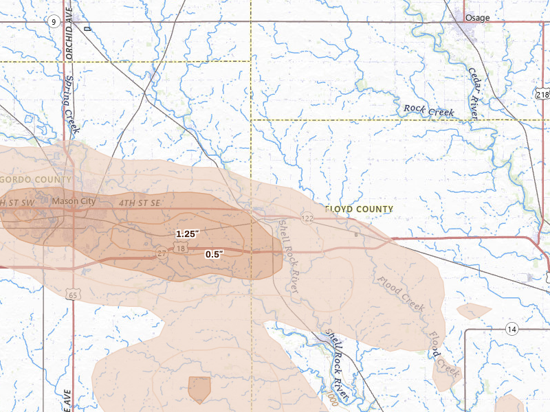 Radar-estimated hail-size map of the storm over Nora Springs, IA on Jul 20, 2026