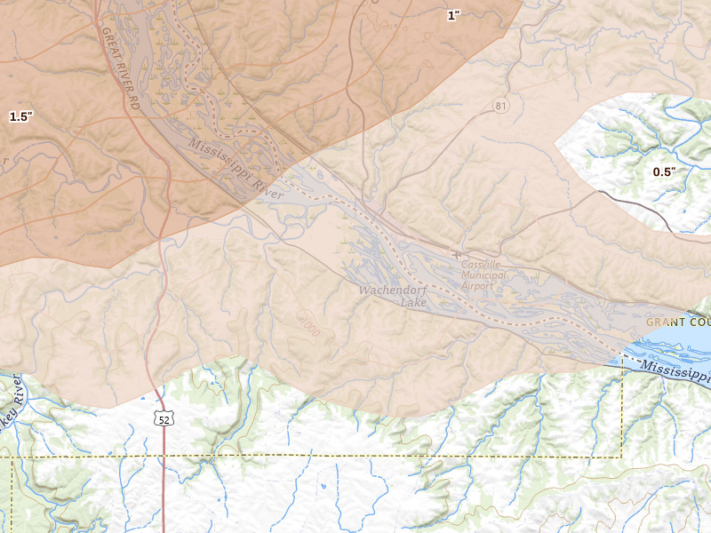 Radar-estimated hail-size map of the storm over North Buena Vista, IA on Jul 2, 2026