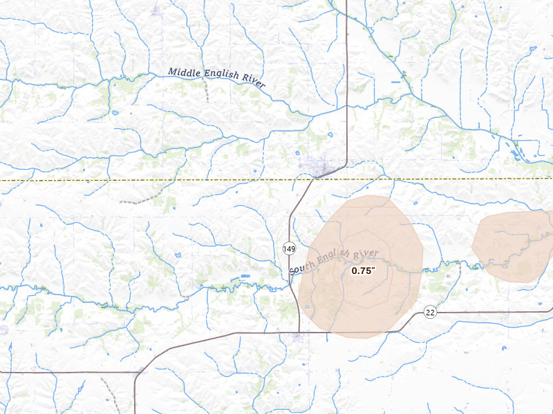 Radar-estimated hail-size map of the storm over North English, IA on Jun 10, 2026