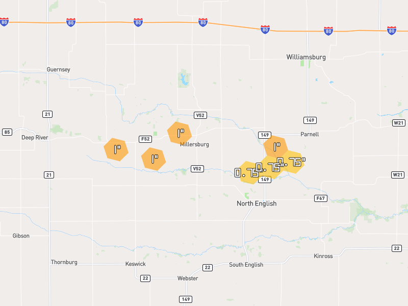 Hail map of North English, IA on Jul 3, 2026, hail up to 1"